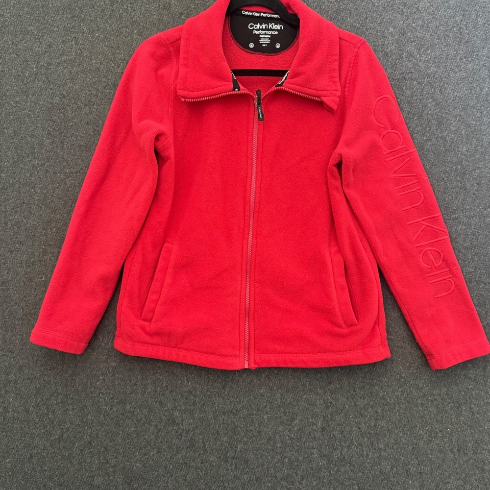 Calvin Klein Performance Womens Red Full Zip Fleece Jacket Logo Sleeve PM